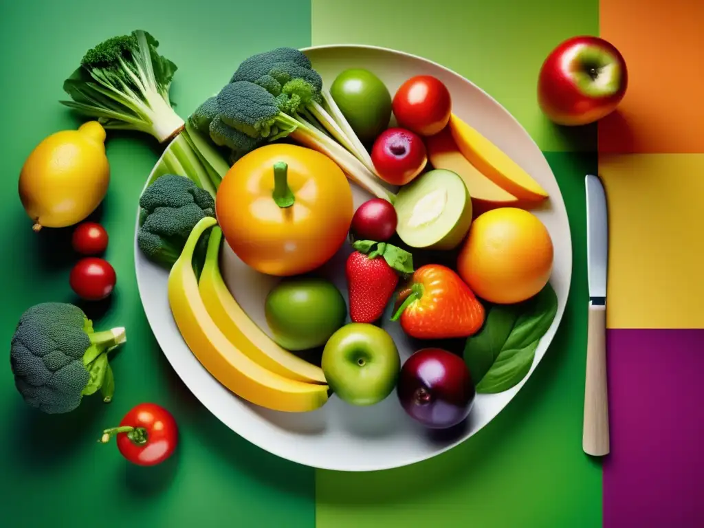 Plato con frutas y verduras frescas, colores vibrantes y texturas