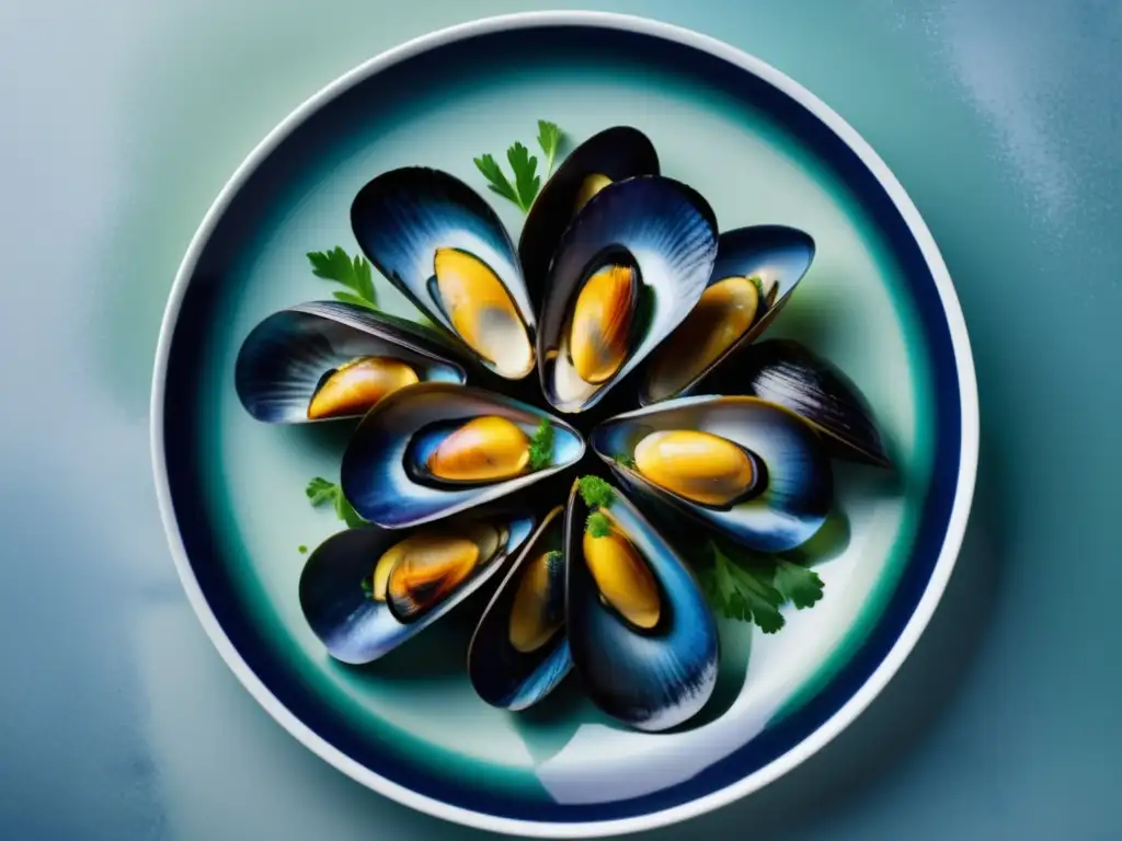 Imagen: Mejillones: Cómo elegir, limpiar y cocinar - Plato de mejillones frescos, hermosamente dispuestos, con colores vibrantes y vapor elegante