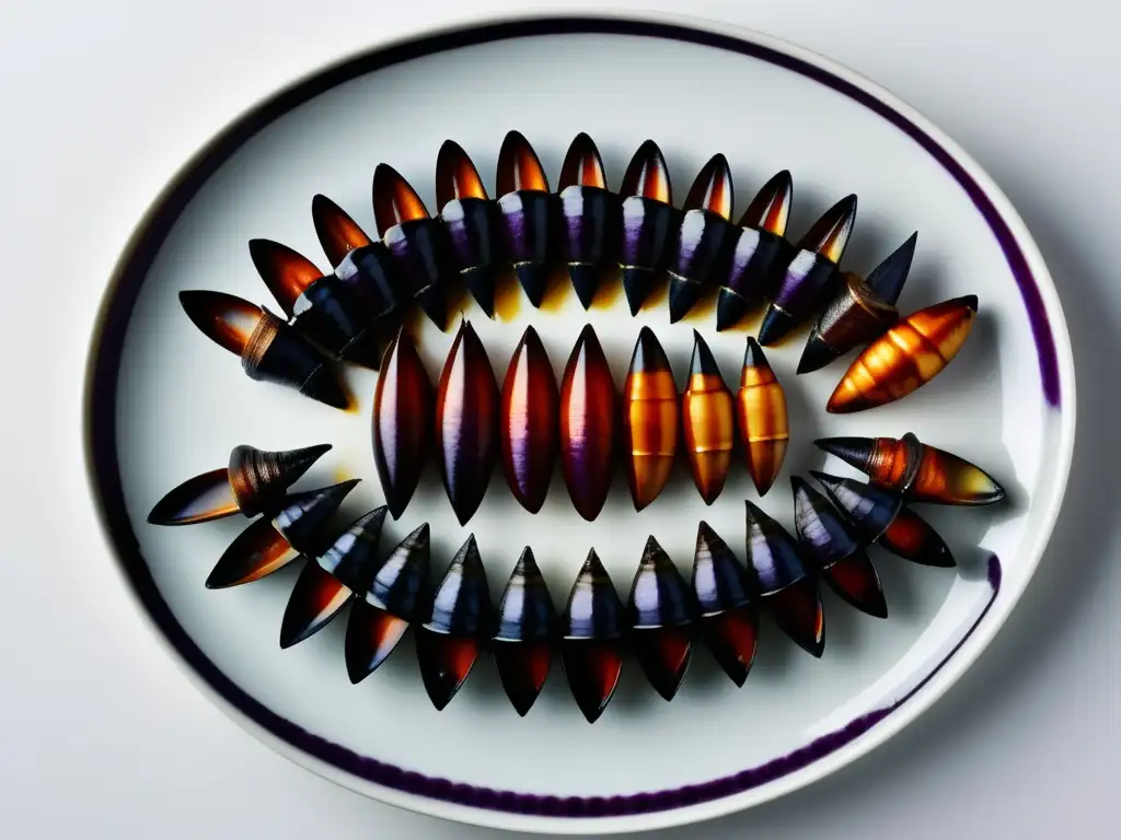 Cocina del percebe: composición abstracta y minimalista de percebes cocinados, vibrantes colores y simetría cautivadora