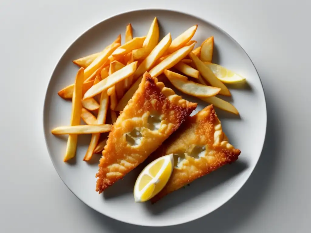 Plato dorado de fish and chips, delicioso y crujiente