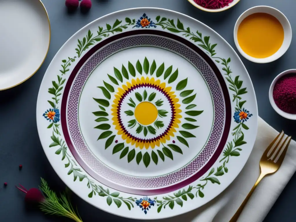 Los Secretos de la Cocina Ucraniana: Delicado plato de porcelana pintado a mano con patrones abstractos y colores vibrantes, representando la rica tradición culinaria ucraniana