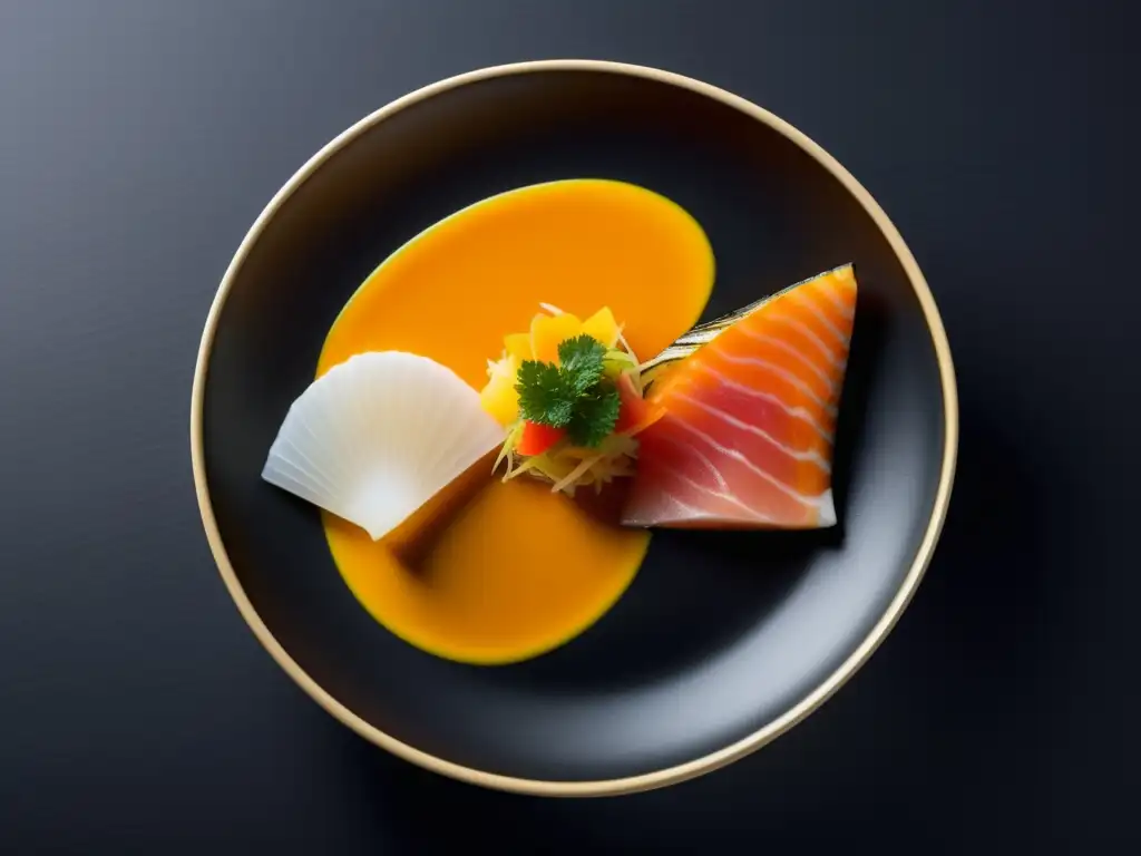 Cocina fusión de Nobu Matsuhisa: plato elegante con tiradito, sashimi de atún y bacalao miso