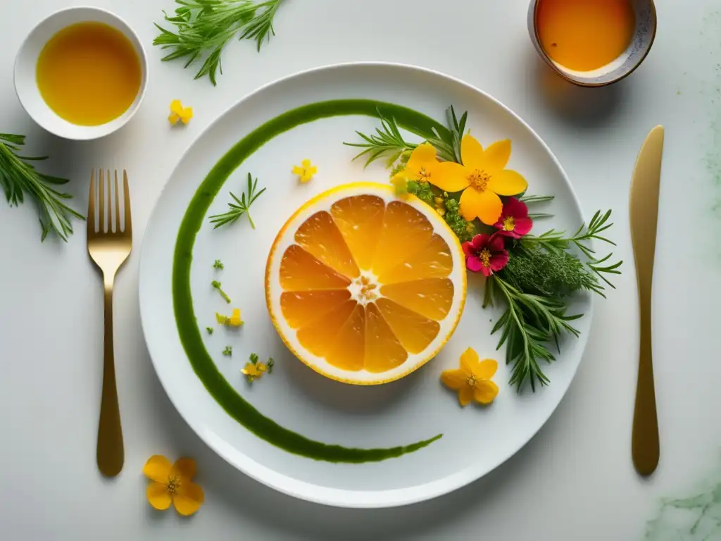 Descripción gastronómica en la literatura: mesa minimalista con plato adornado con ingredientes vibrantes y armoniosos