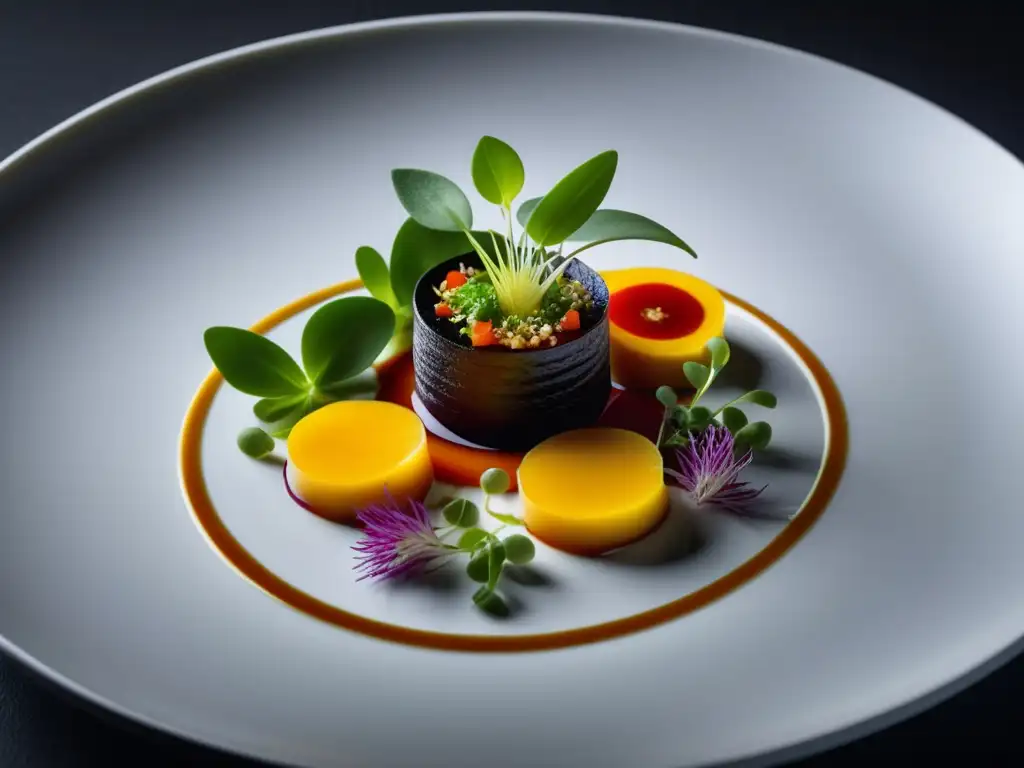 La Fusión de Sabores en los Restaurantes Estrella Michelin: Plating exquisito en un restaurante Michelin, con colores vibrantes y detalles intrincados