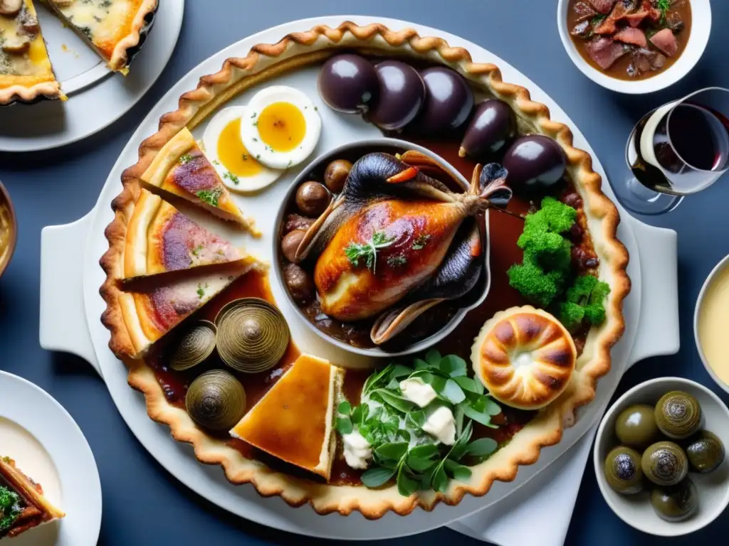 Deliciosa comida francesa con Coq au Vin, escargot, Quiche Lorraine, ensalada y quesos