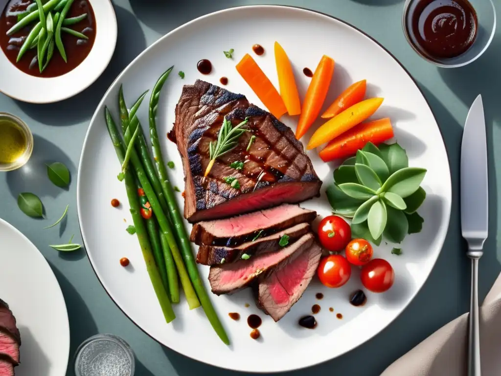 Plato de comida 8K con steak a la perfección, verduras vibrantes y atención al detalle