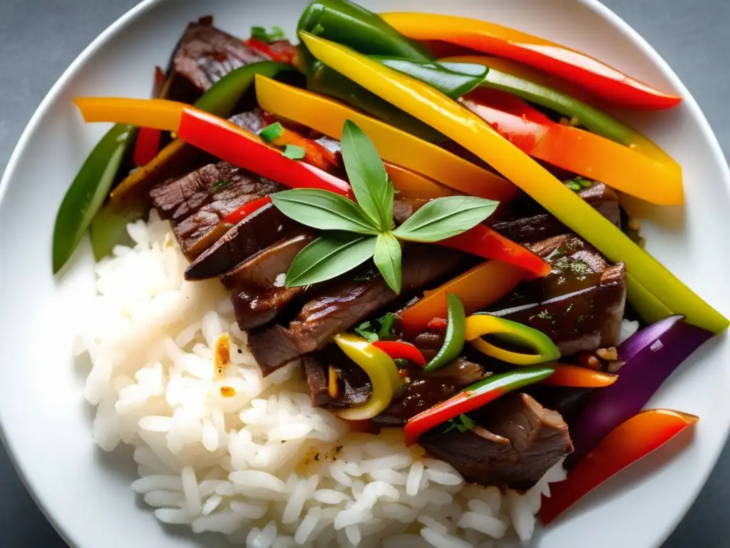 Delicioso plato de Lomo Saltado con carne tierna, pimientos y cebolla salteados, servido sobre arroz blanco