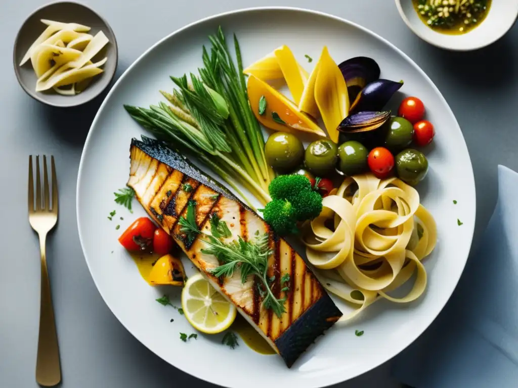 Plato mediterráneo con técnicas de cocción: vegetales grillados, pescado y pasta, resaltando el aceite de oliva, hierbas aromáticas y tomates frescos