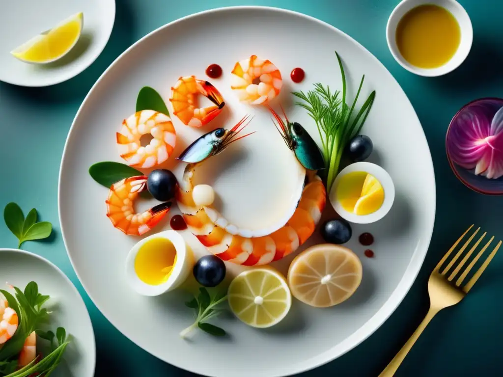 Cocción en Crudo: ¿El Futuro de la Gastronomía? - Imagen 8K con composición minimalista y vibrante de ingredientes frescos, mariscos y vegetales