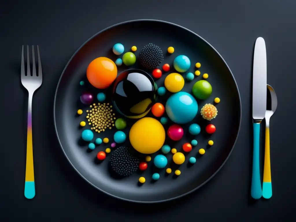 La cocina molecular de Heston Blumenthal: plato negro con comida molecular colorida y minimalista