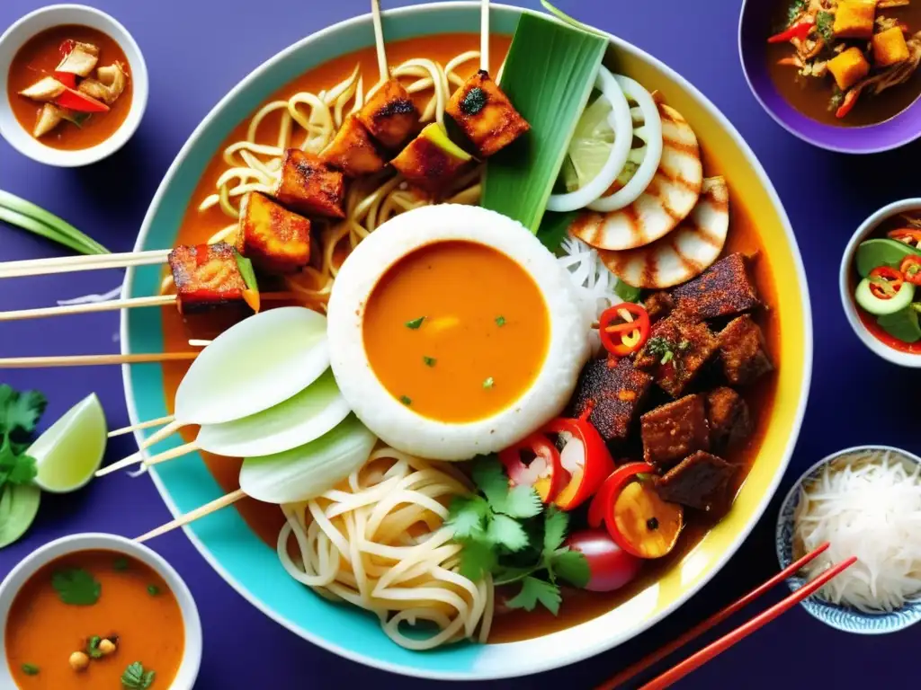 Descubriendo los sabores de las calles de Singapur: plato de street food con laksa, satay y chicken rice rodeado de elementos abstractos étnicos