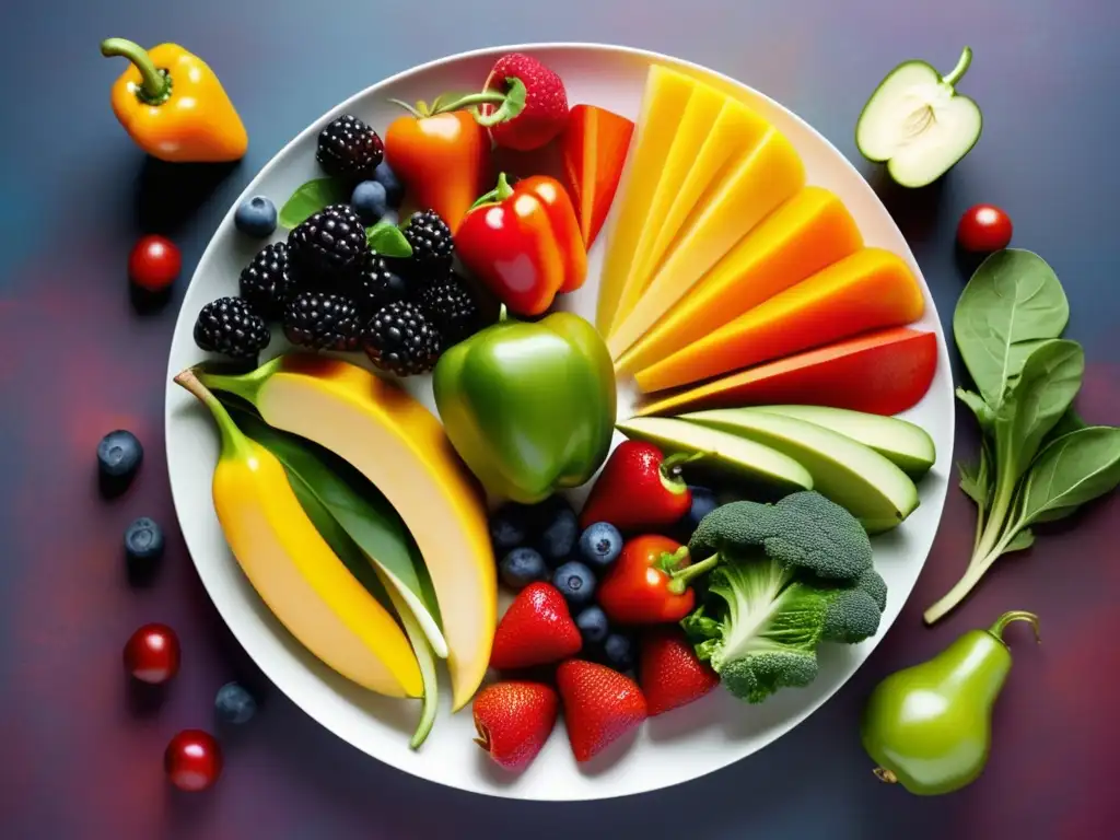 Plato de alimentos orgánicos: frutas y verduras frescas, colores vibrantes, texturas y valor antioxidante