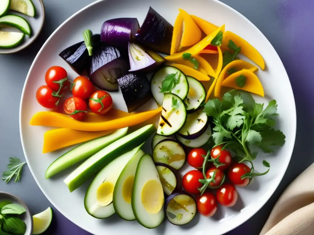 Plato de vegetales marinados y sazonados, con colores vibrantes y variedad de texturas y sabores