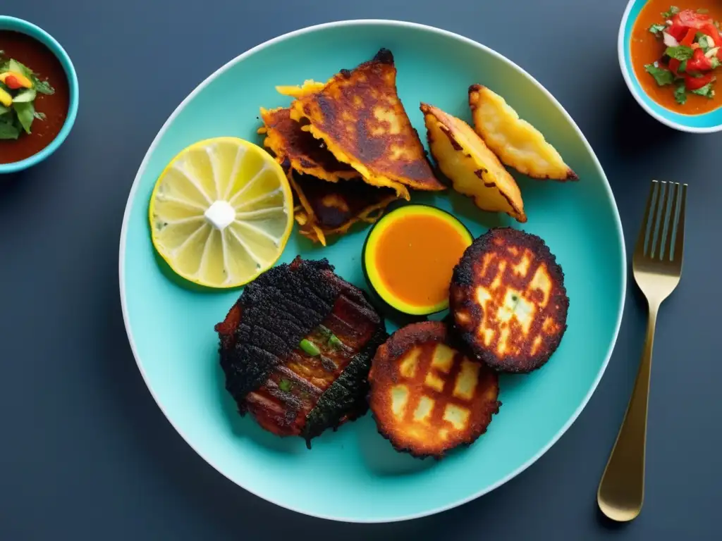 Deliciosa cocina panameña: plato vibrante y artístico con carne a la parrilla, frituras crujientes y guiso aromático