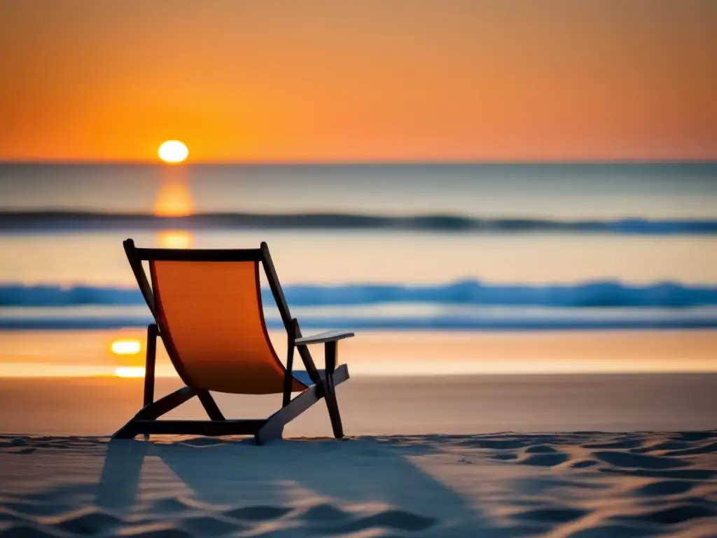 Playa tranquila al atardecer, con silla de madera, exuda paz y simboliza la conexión con la naturaleza