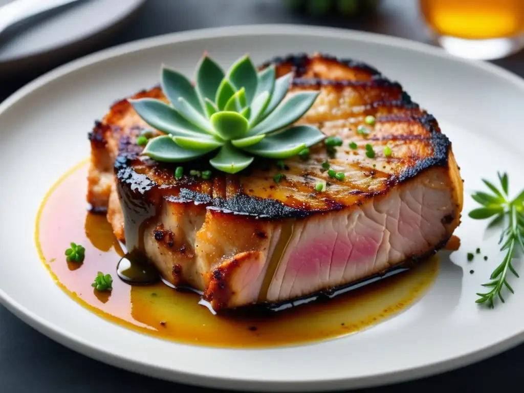 Plato innovador con carne de cerdo: un jugoso filete de cerdo caramelizado, adornado con hierbas frescas y presentado en un plato minimalista