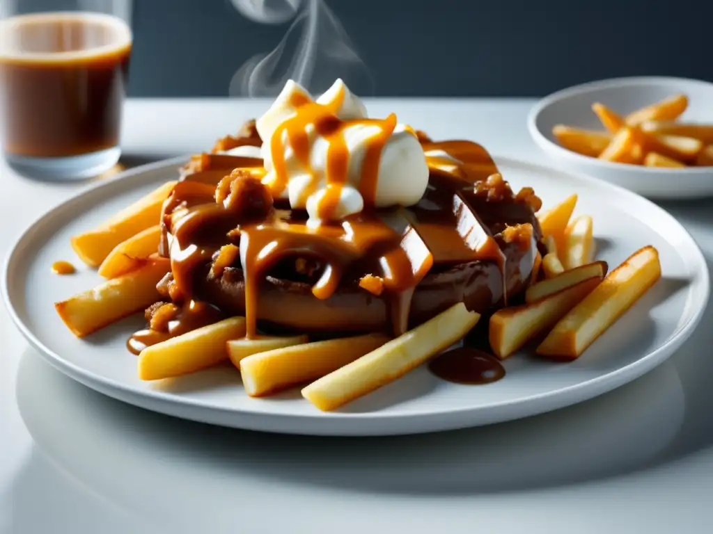 Imagen minimalista del Festival de la Poutine en Canadá: poutine dorada y crujiente con queso curds, salsa y humo