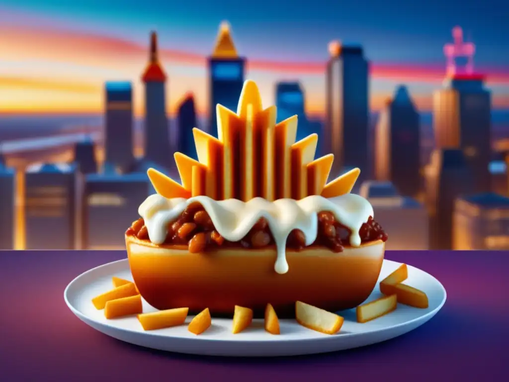 Festival de la Poutine en Canadá: vibrante ciudad al atardecer con rascacielos iluminados y poutine geométrica