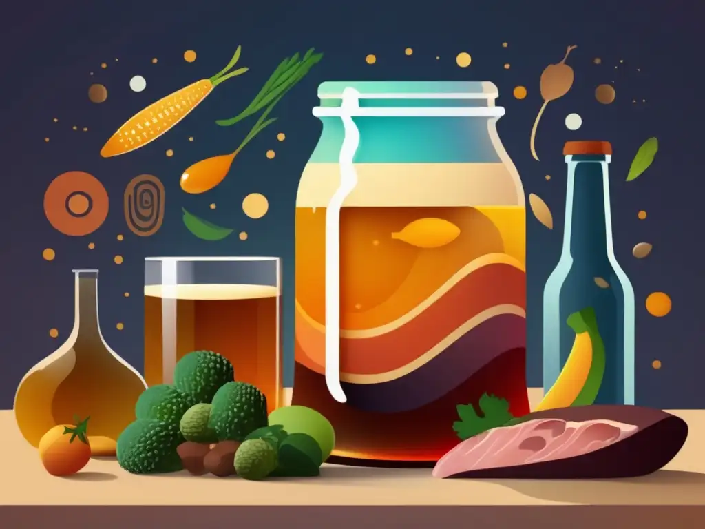 Conservación de alimentos en cerveza: imagen abstracta y minimalista de proceso de preservación, con colores vibrantes y formas geométricas