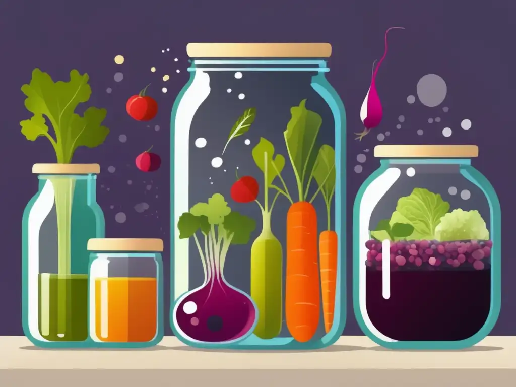 Cambiando Mundo con Lactofermentación: Guía Conservación Alimentos - Imagen ultradetallada de proceso, vegetales vibrantes en frasco con burbujas