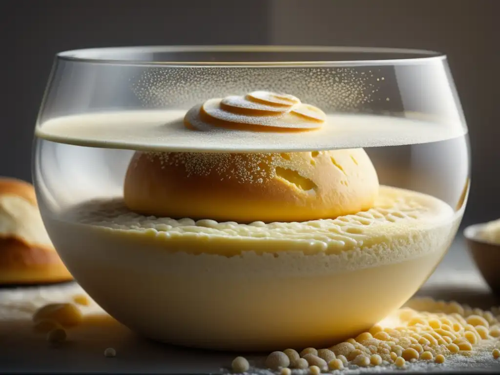 El Arte de la Fermentación en la Panadería: masa de pan fermentando en un recipiente de vidrio, con burbujas y textura detallada