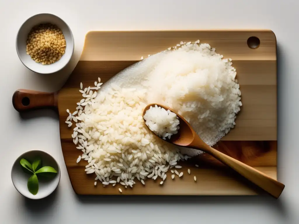 Pasos para cocinar arroz jazmín: granos dorados, agua hirviendo, flores fragantes, cuchara de madera, arroz esponjoso en plato