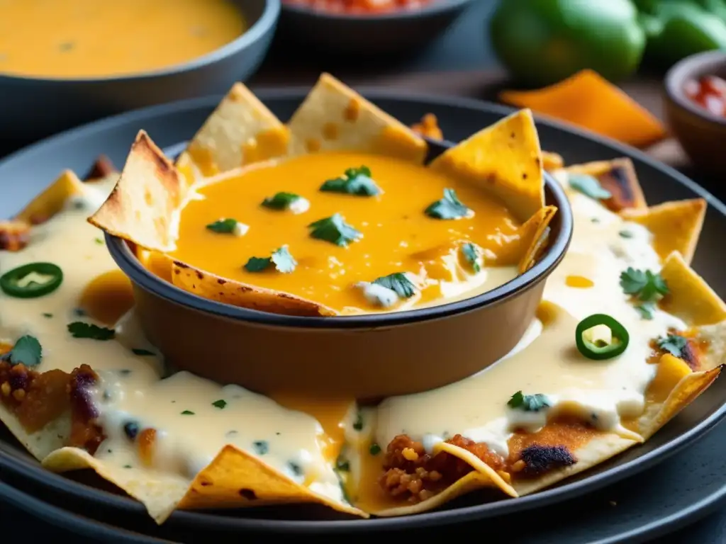 Queso fundido con nachos, variedades de queso, rico y tentador