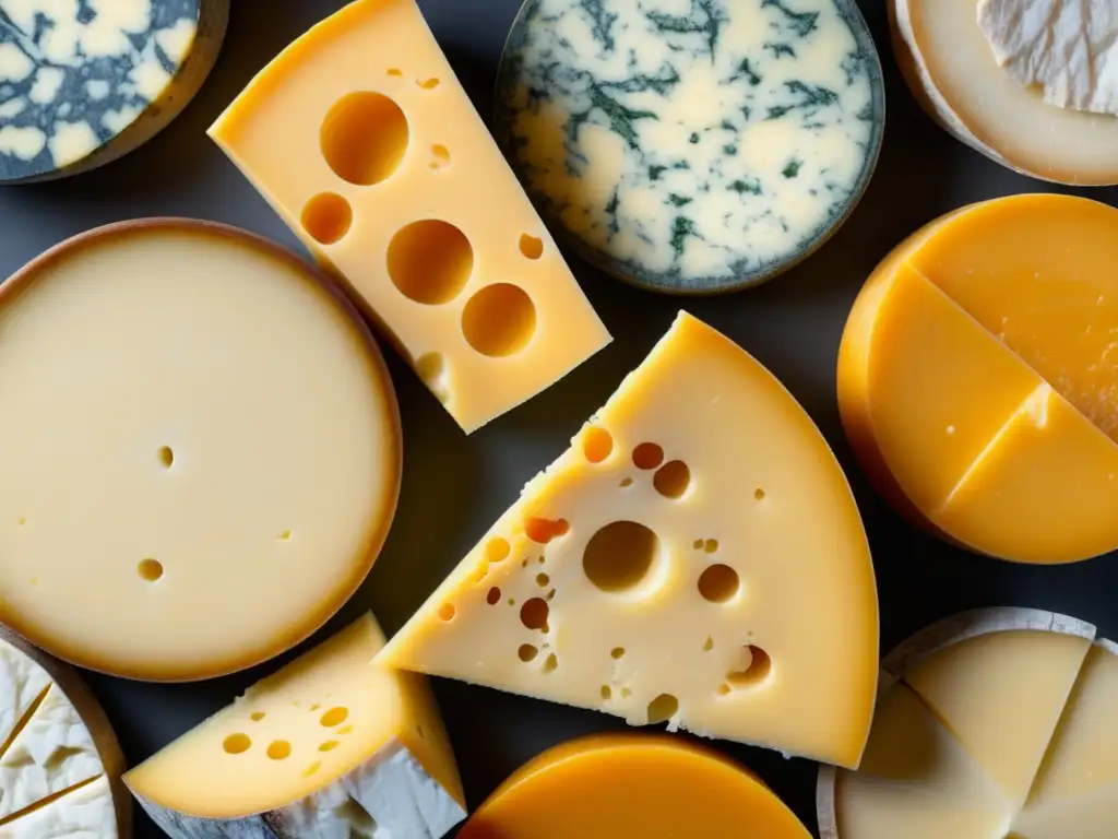 Cortes de Queso: Elegante imagen minimalista con variedad de quesos españoles, franceses e italianos