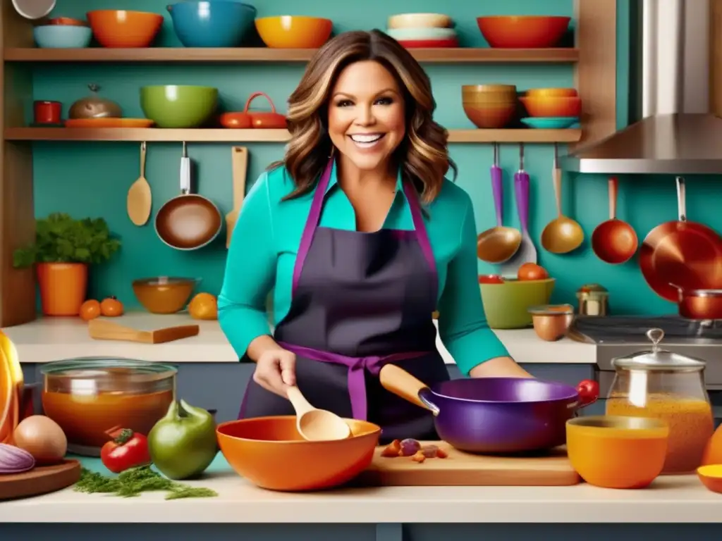 Joven Rachael Ray en una cocina vibrante y llena de vida, vestida de chef, rodeada de ingredientes y utensilios de cocina