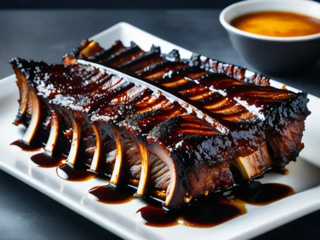 Delicioso rack de costillas ahumadas, con glaseado caramelizado y carne jugosa