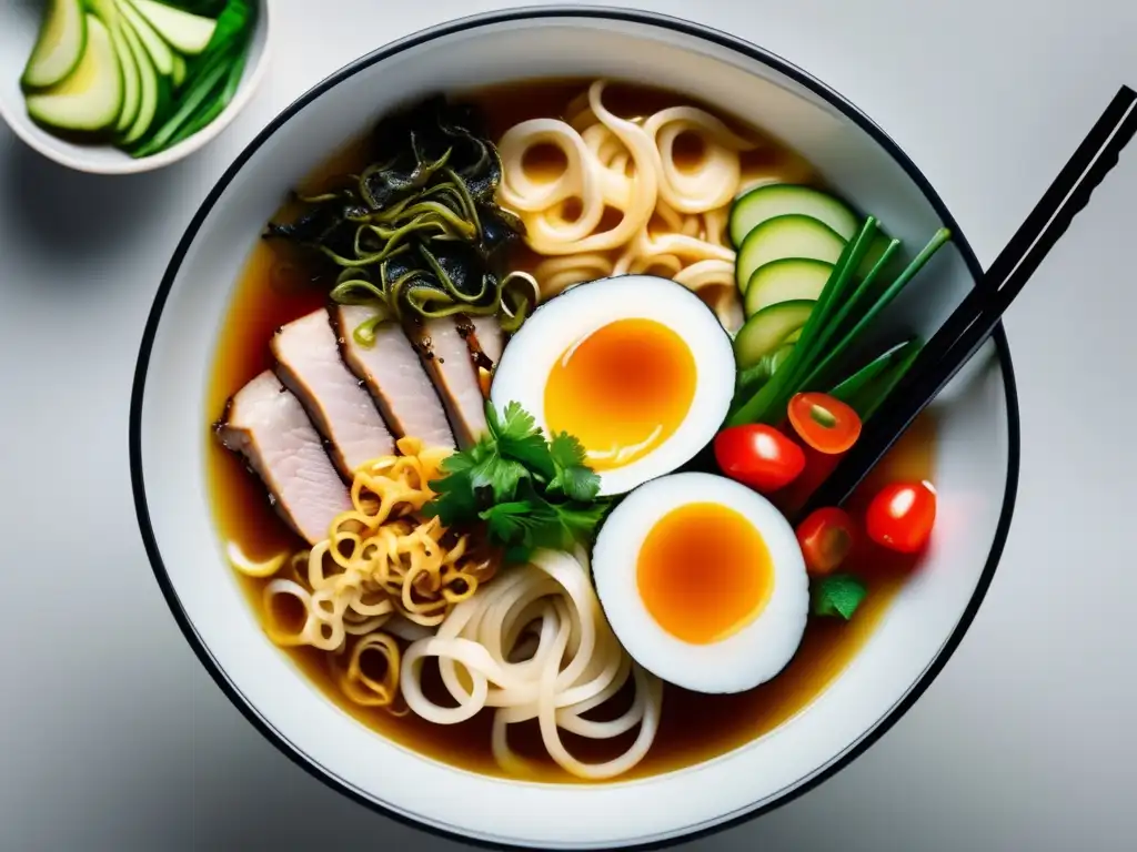 Un cuenco de ramen contemporáneo con ingredientes vibrantes y una presentación minimalista