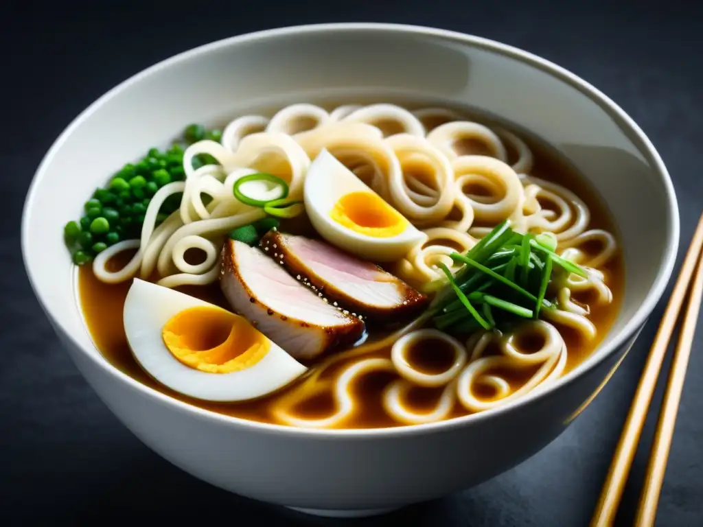 Imagen minimalista de un tazón de ramen humeante, resaltando el caldo de miso, fideos rizados, chashu de cerdo, brotes de bambú y cebollas verdes