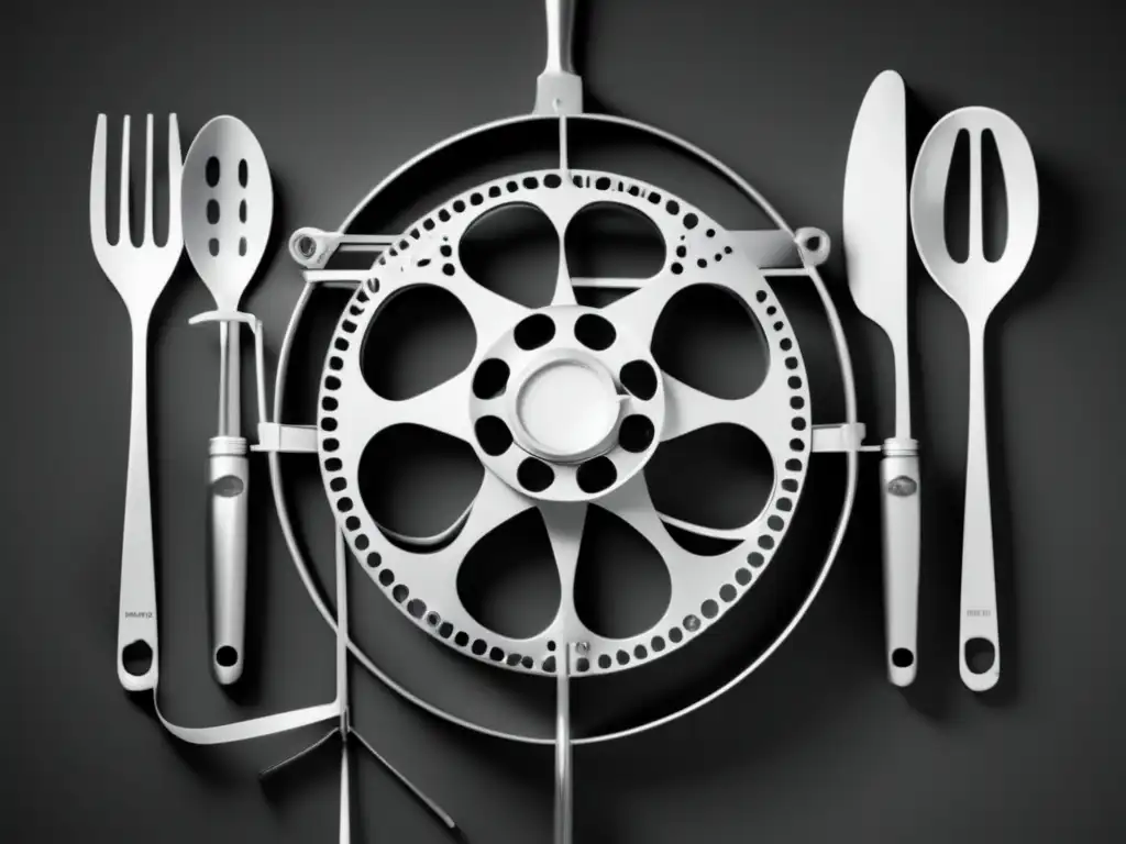 Influencia del cine en la gastronomía: un carrete de película abstracto hecho de utensilios de cocina, resaltando la fusión de cine y cocina