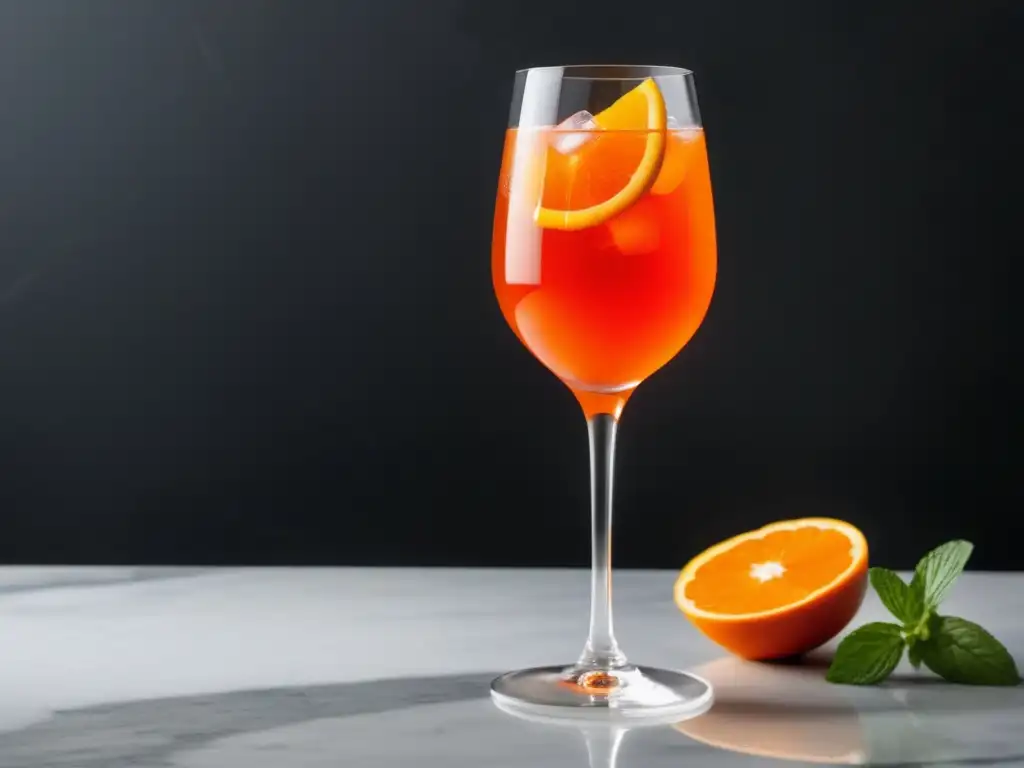 Aperol Spritz en copa transparente con adornos de naranja y menta, en un entorno veraniego