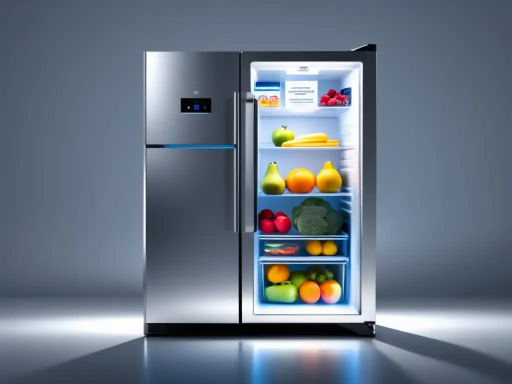 Conservación de Alimentos a Baja Temperatura: Moderna imagen de un refrigerador plateado con luz azul y alimentos etiquetados