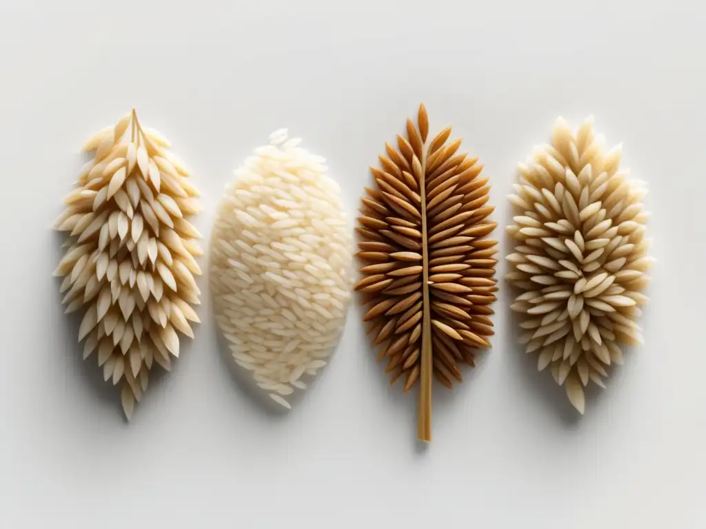 Representación minimalista del arroz integral: longgrain, shortgrain y basmati en formas geométricas, colores terrosos