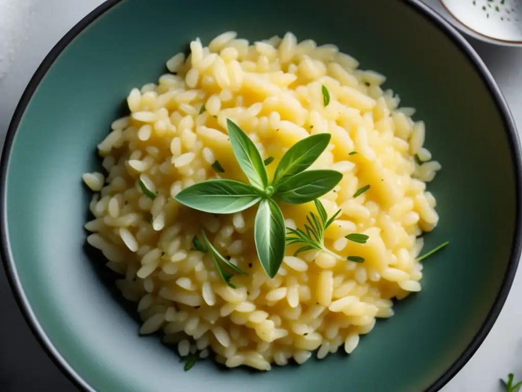 Arroz de grano corto: Risotto dorado con textura cremosa y hierbas frescas