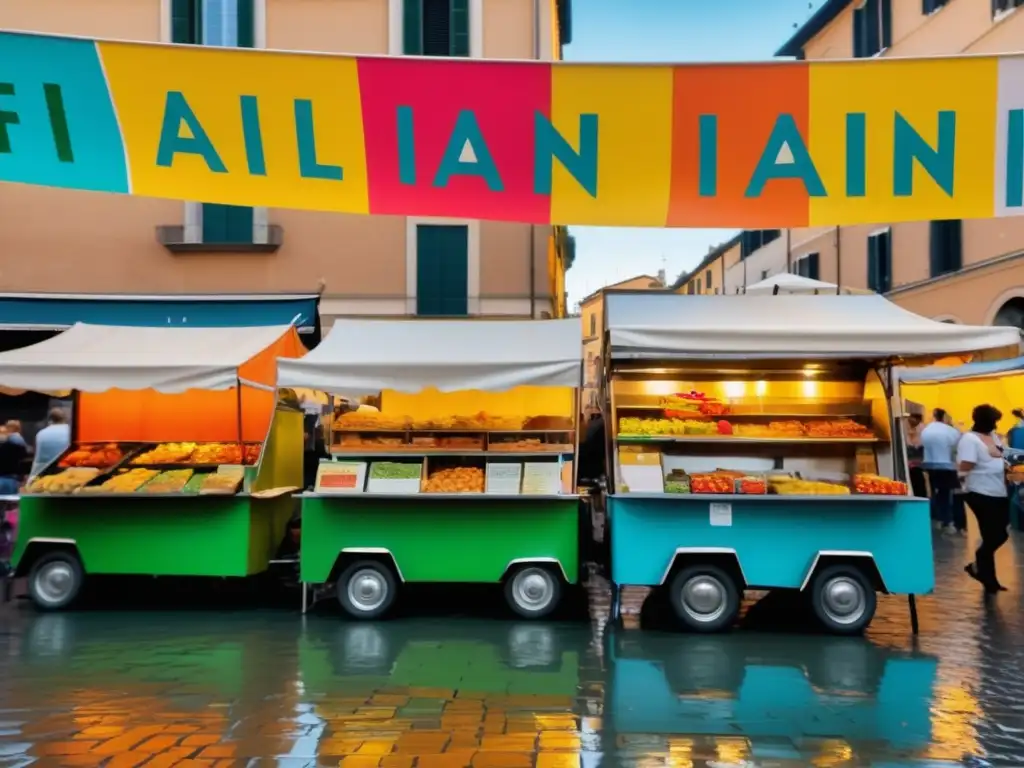 Comida callejera en Roma: vibrante calle llena de puestos de comida y arquitectura icónica