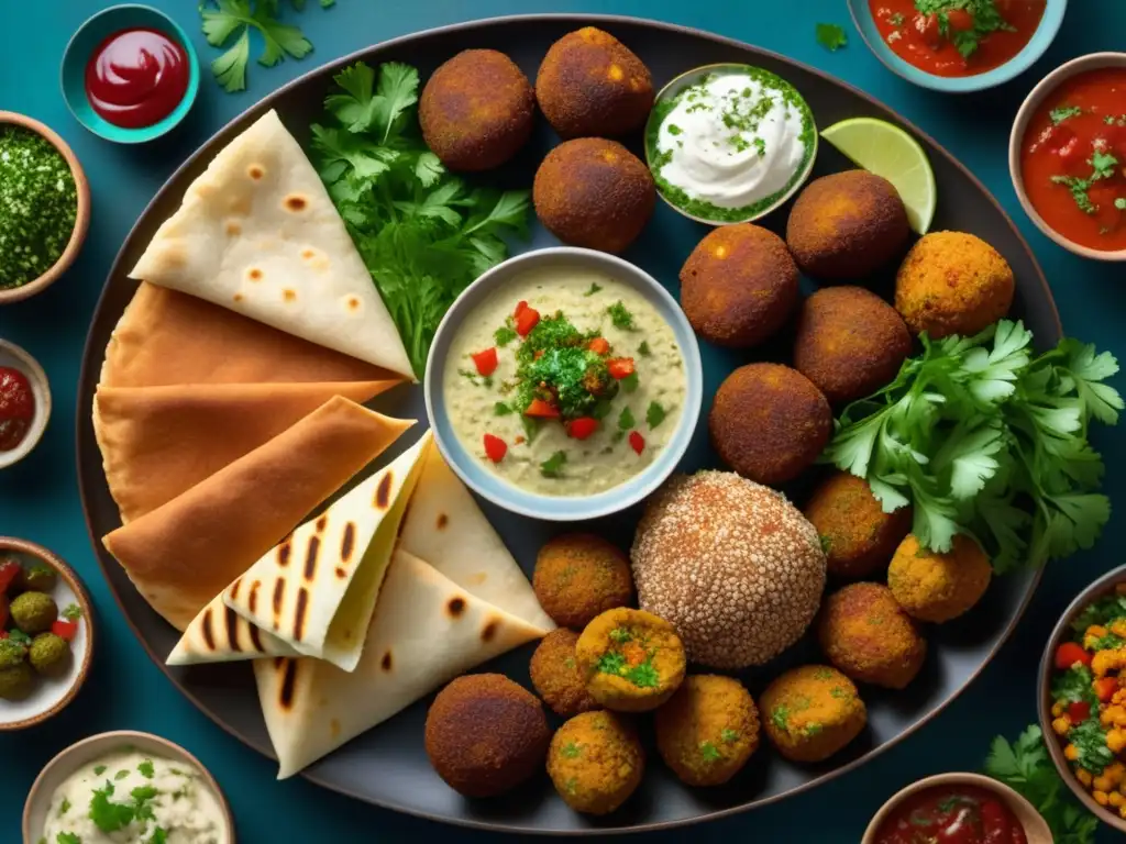 Platos tradicionales de Oriente Medio: falafel dorado, hummus cremoso, tzatziki refrescante y más