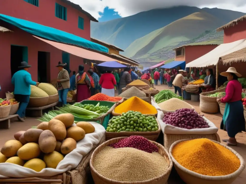 Cocina Andina: Sabores de Altura en América Latina, mercado andino con productos frescos, textiles vibrantes y majestuosos Andes