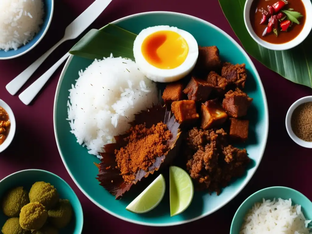 La Cocina de Malasia: Un Encuentro de Culturas y Sabores - Plato de Nasi Lemak, Rendang y Satay en fondo blanco