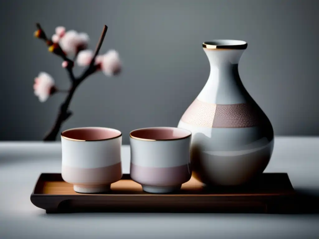 Sake set japonés tradicional con delicados detalles de cerezos y una sensación de tranquilidad y significado cultural