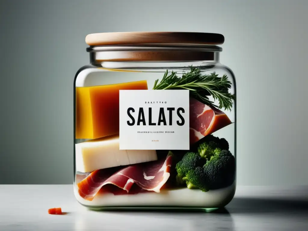 Salazón gastronomía: imagen minimalista de salazón y conservación de alimentos en un frasco de cristal, con ingredientes flotando en salmuera