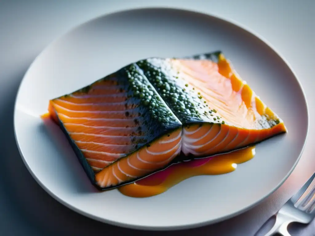 Imagen: Delicado salmón vibrante con capas de tonos rosados y naranjas, resaltando su textura y patrones naturales