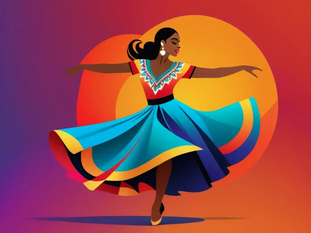 Bailarina de salsa en traje tradicional puertorriqueño, con movimiento y colores vibrantes