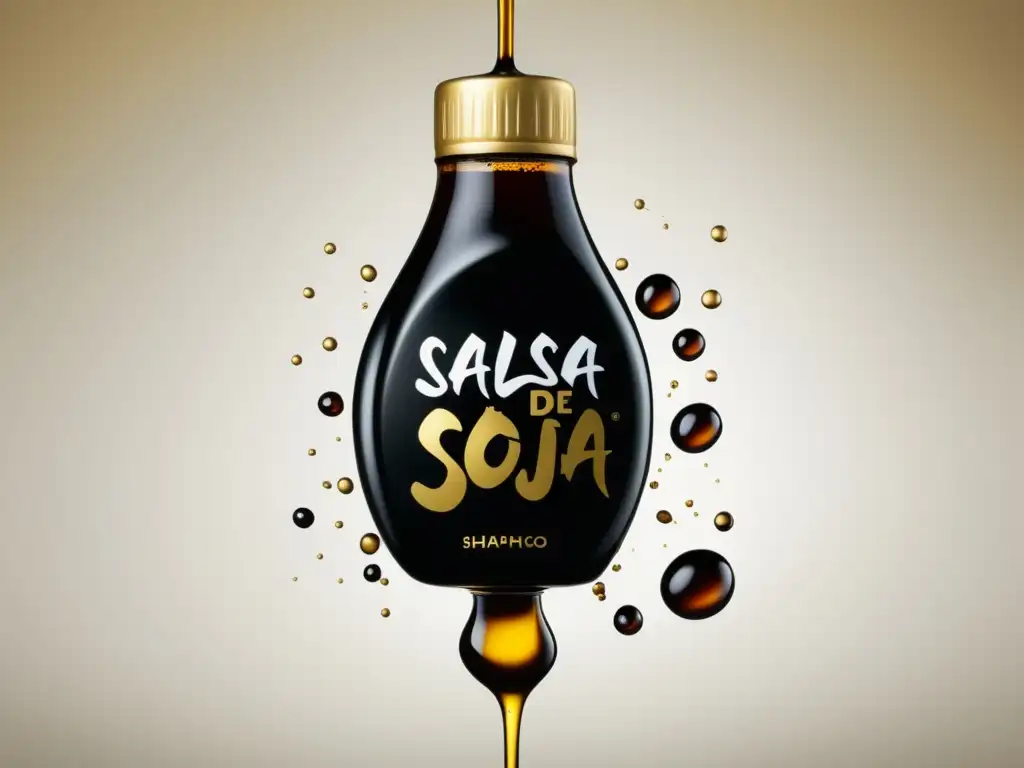 Los Secretos de la Salsa de Soja: Un Aliado en tu Cocina - Botella de salsa de soja suspendida en el aire, con salpicaduras doradas y fondo misterioso