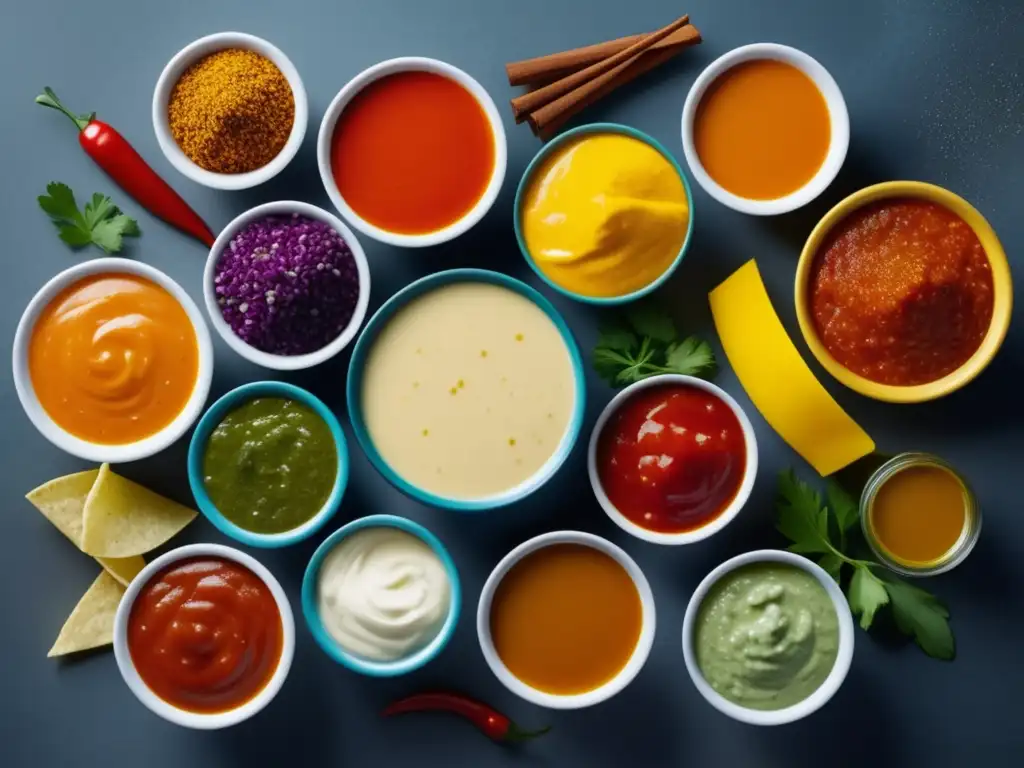 Comida Callejera Norteamericana: Un Viaje de Sabores Urbanos - Condimentos y salsas vibrantes en una imagen minimalista y abstracta