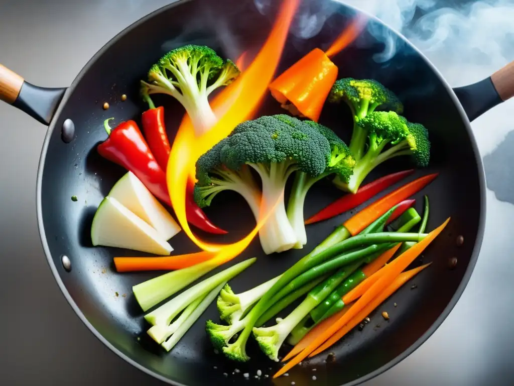 Wok vibrante con ingredientes coloridos, reflejo de la cocina asiática