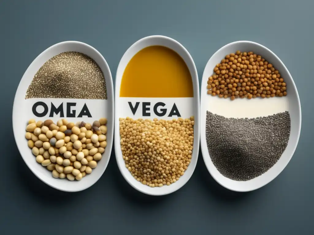 Las mejores fuentes de Omega 3 en la dieta vegana: imagen ultradetallada de semillas de chía, lino y cáñamo, destacando sus texturas y colores