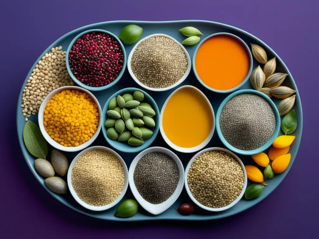 Semillas en la dieta vegana: imagen abstracta y vibrante de semillas diversas con colores vivos